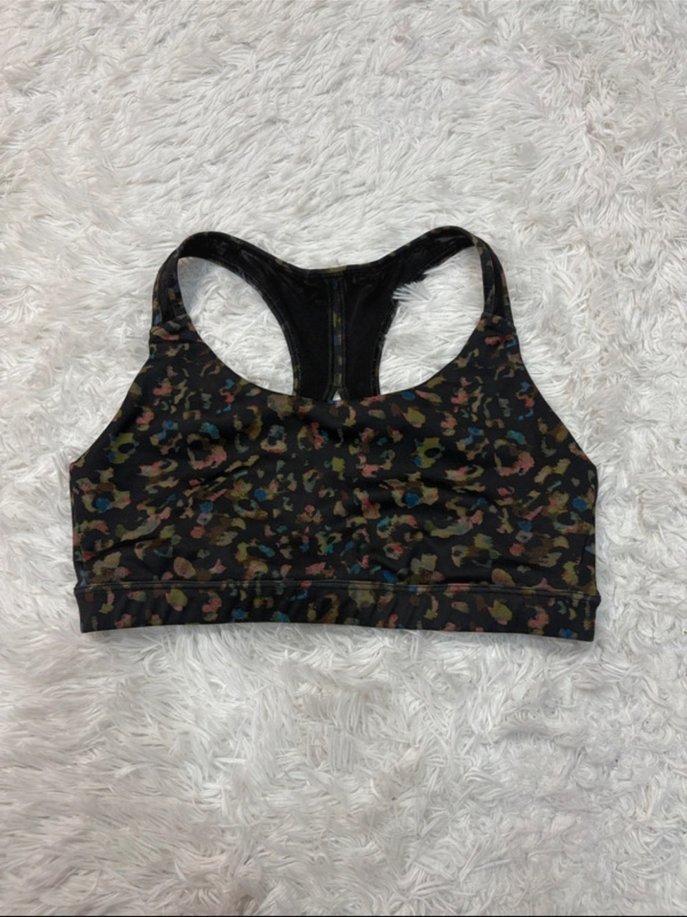 Athleta contender Women's Black Multicolor Leopard-Print Racerback Sports Bra